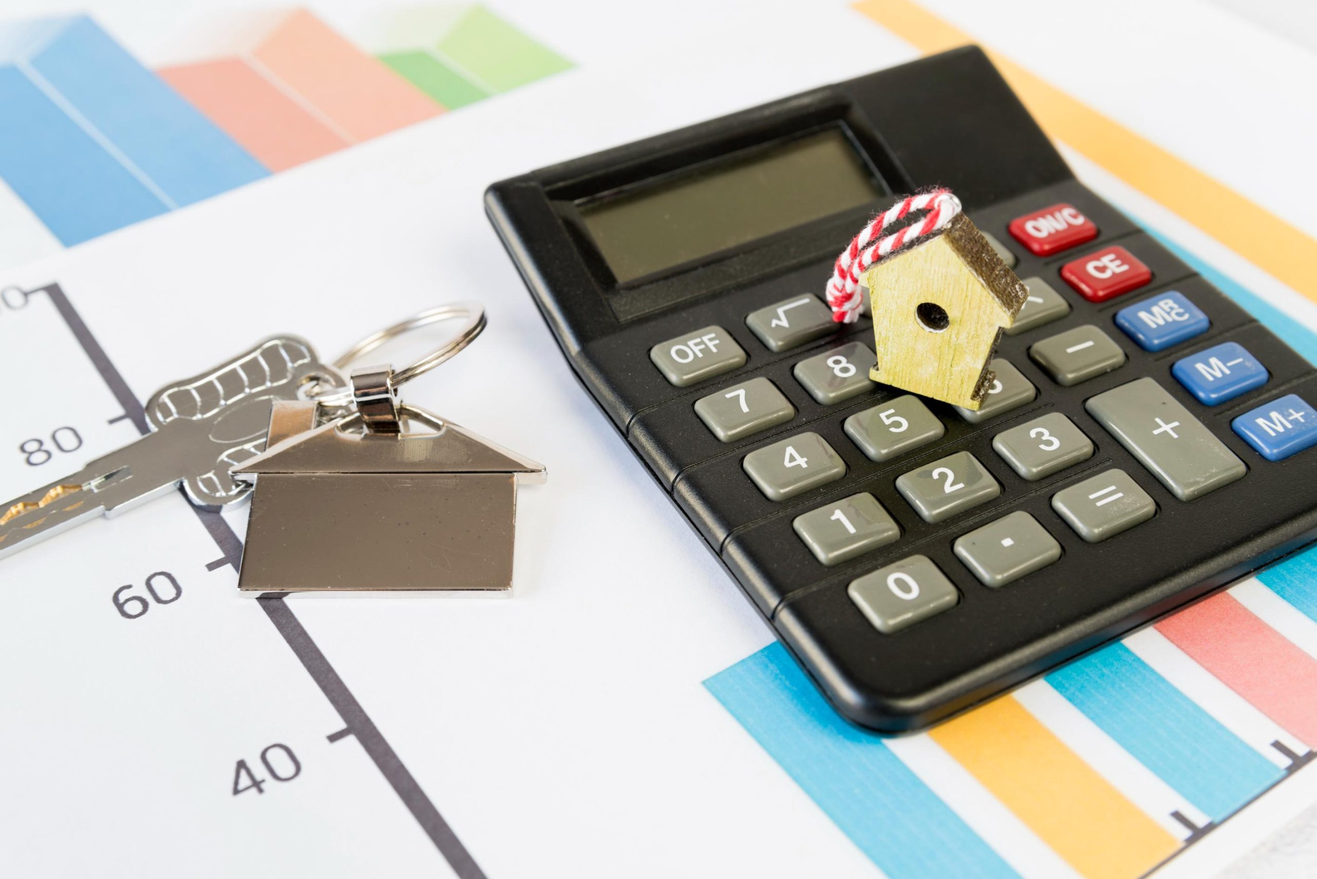 Calculator with house-shaped keychains on financial charts, illustrating Texas mortgage rates and home financing costs.