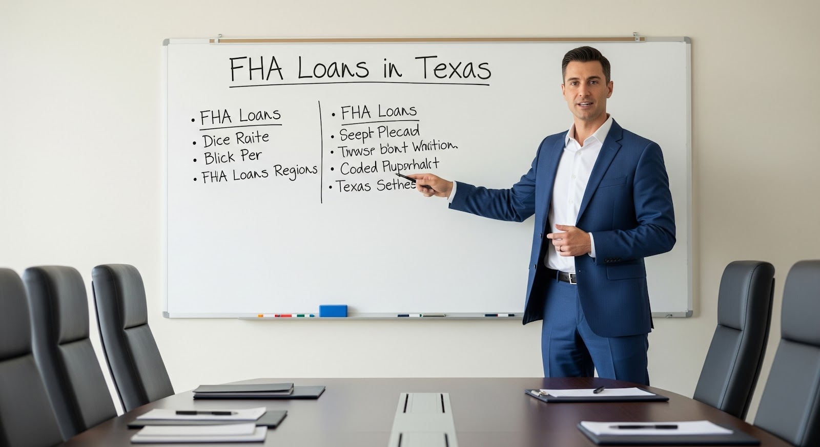 Loan Officer explaining Texas FHA Loans offered by The Texas Mortgage Pros.