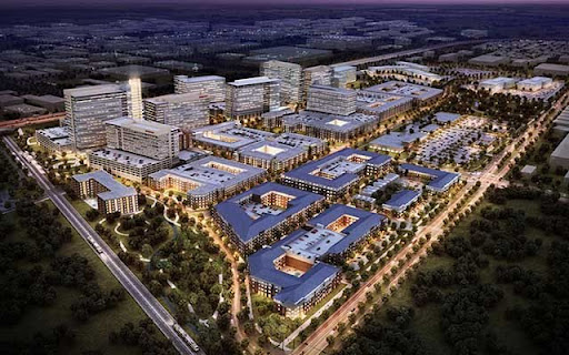 Aerial view of Richardson, Texas Telecom Corridor with modern offices and residential communities, highlighting opportunities for home loans, mortgages, and refinancing in Richardson, TX.