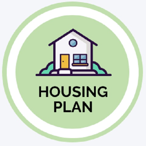 A circular icon with a house and "HOUSING PLAN" text against a light green background