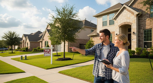 Couple house hunting in Garland, Texas neighborhood with homes for sale, exploring affordable mortgage options and Garland Texas home loans.