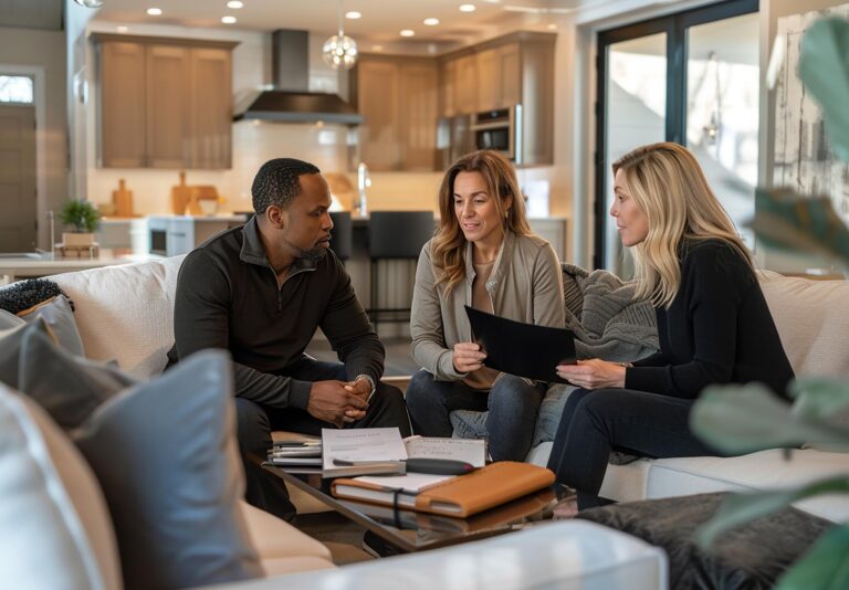 Texas mortgage brokers meeting with homebuyers in a warm, modern living room to discuss loan options and personalized mortgage solutions — The Texas Mortgage Pros team providing trusted local service across Texas.