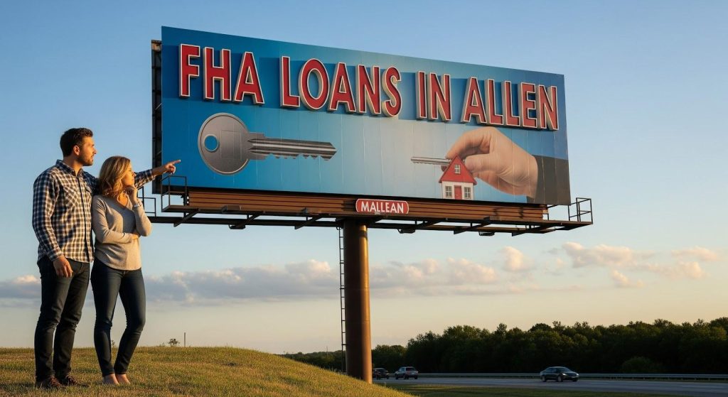Couple viewing billboard advertising Allen FHA home loan programs