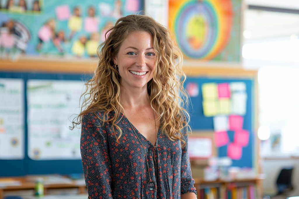 Smiling Texas teacher standing by a classroom bulletin board, representing educators eligible for Texas down payment assistance programs.