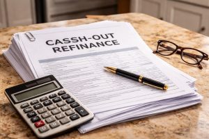 Stack of Texas cash-out refinance paperwork on a desk with a calculator, pen, and glasses.