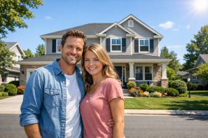 Couple standing in front of their house representing home loan options in Texas.