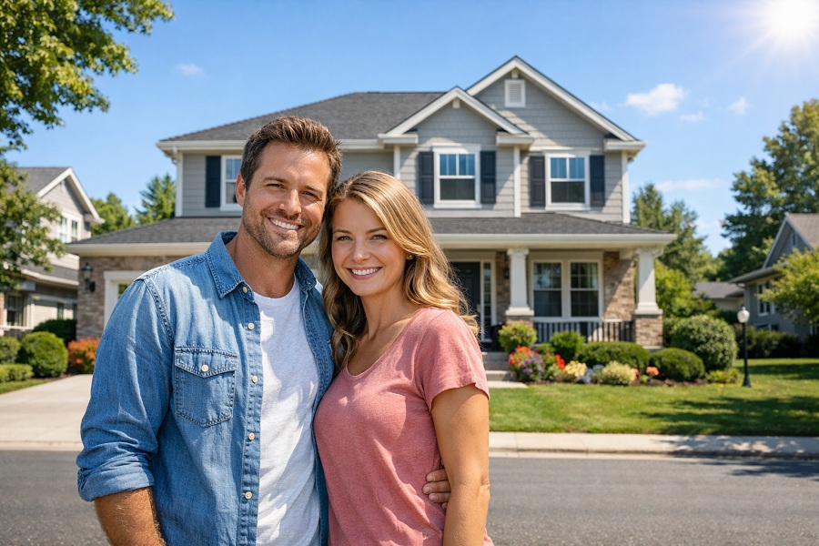 Couple standing in front of their house representing home loan options in Texas.