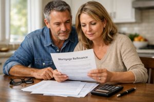 Couple reviewing refinance documents while exploring options to refinance their mortgage and lower monthly payments.