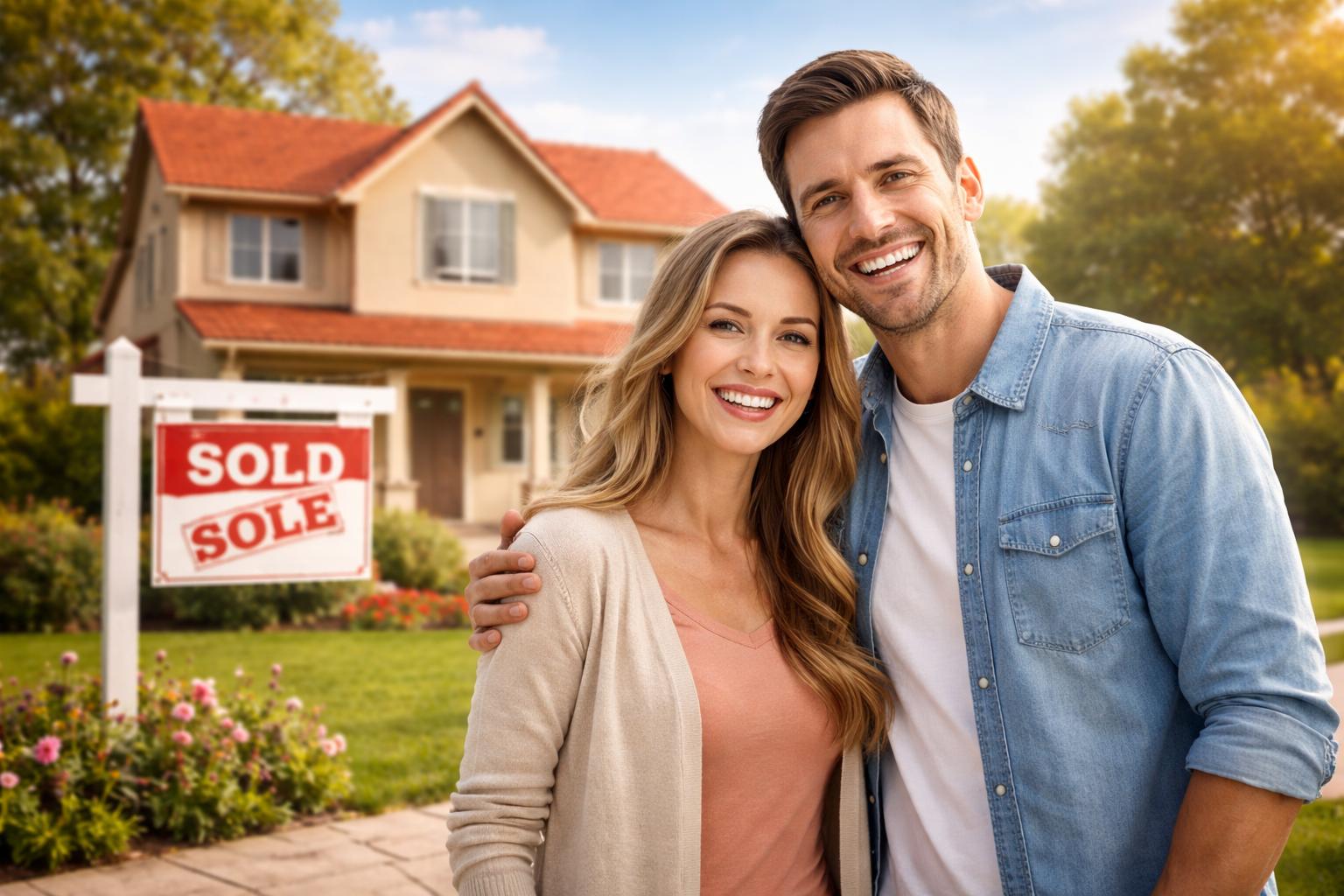 Happy homeowners standing in front of their house with a sold sign after completing a mortgage refinance.