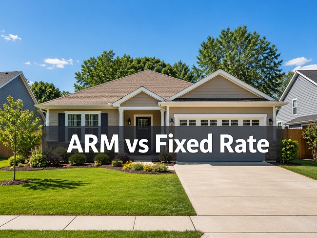 Modern home exterior with ARM vs Fixed Rate text representing Adjustable Rate Mortgages and home loan rate options.