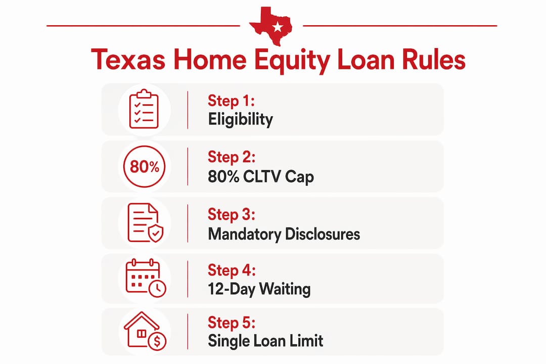 Infographic outlining five key Texas home equity loan rules, including eligibility, the 80% CLTV cap, mandatory disclosures, the 12-day waiting period, and the single loan limit.