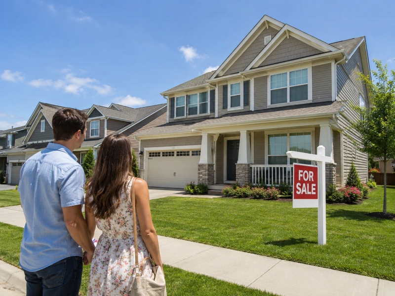 Couple viewing suburban home for sale representing North Texas Home Loans and local mortgage financing opportunities.