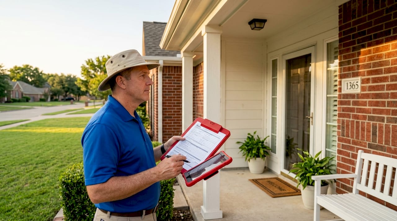 Home inspector evaluating a residential property while holding a clipboard during a Texas home equity loan appraisal or property assessment.
