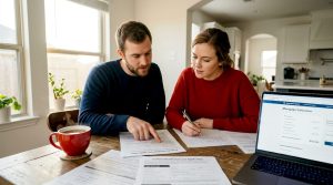 Couple reviewing mortgage documents at table