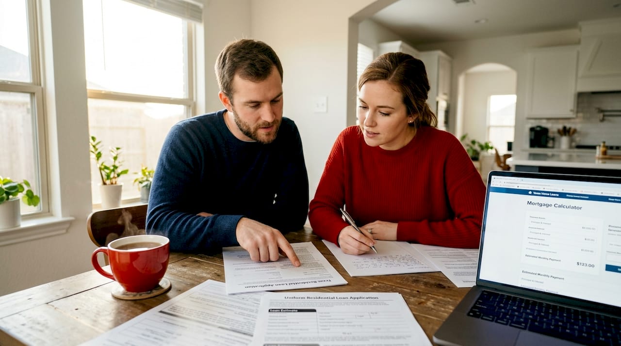 Couple reviewing mortgage documents at table