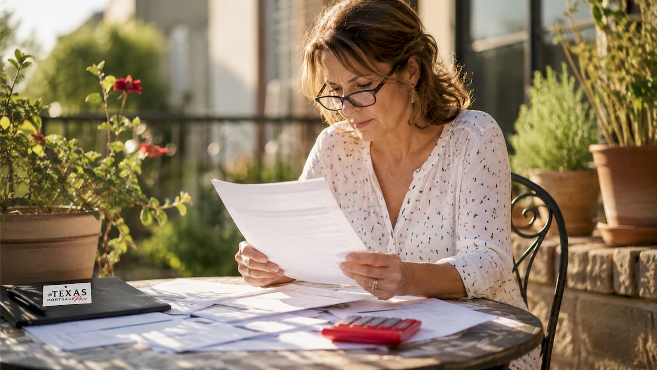 Homeowner reviewing mortgage refinance paperwork at table