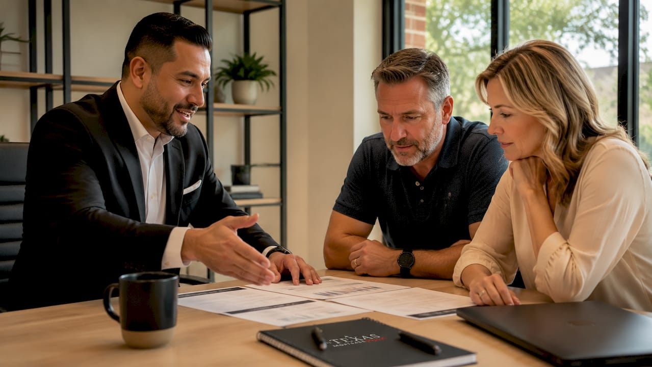 Mortgage broker consulting Texas homebuyers at table