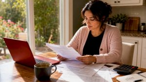 Woman reviewing mortgage documents at home desk