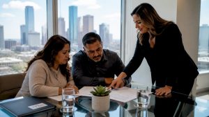 Couple discussing construction loan documents in Houston office