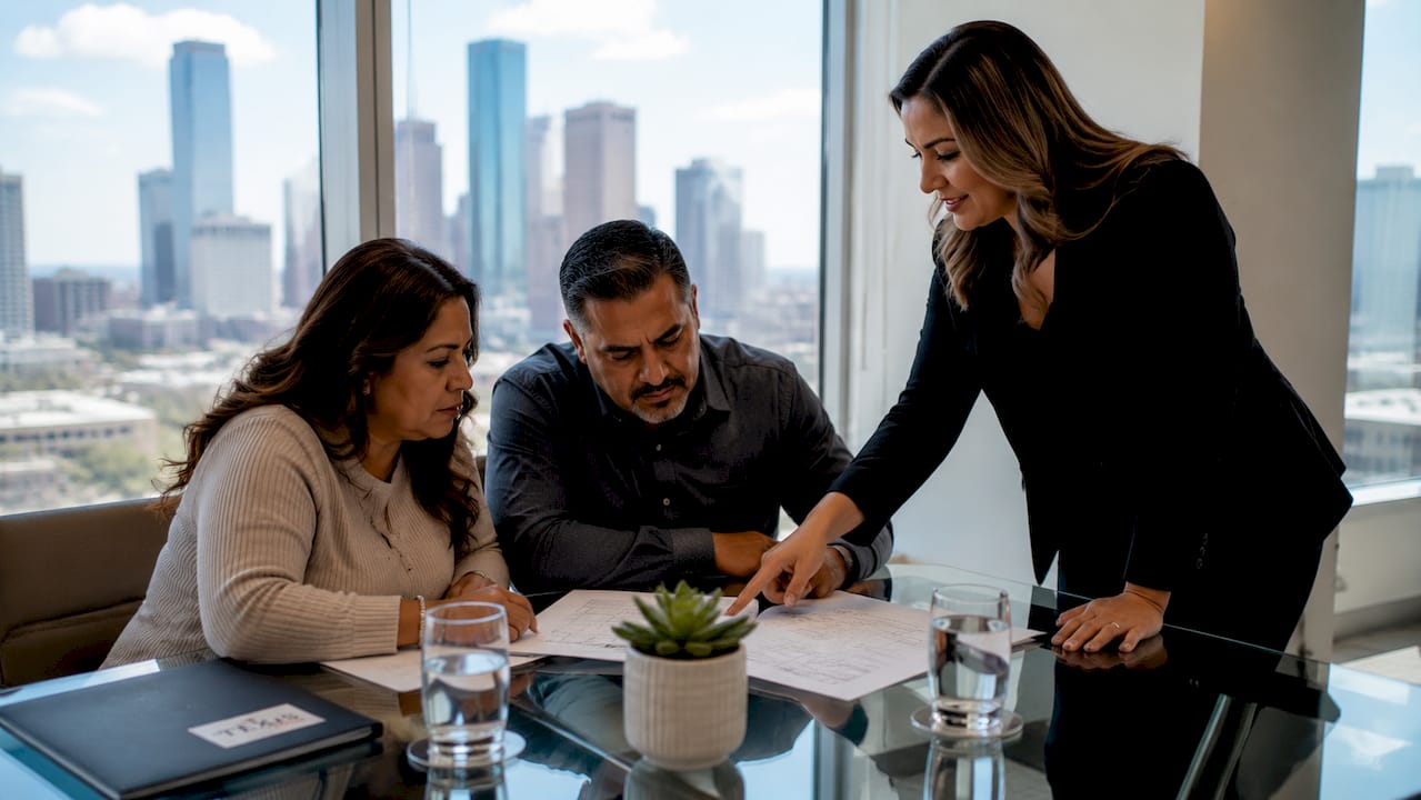 Couple discussing construction loan documents in Houston office