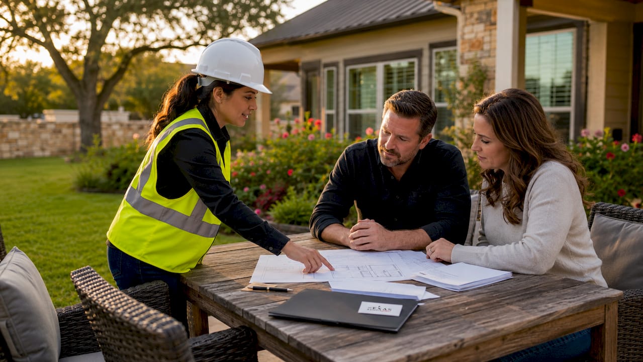 Builder reviewing construction plans with homebuyers for a Texas construction loan project.