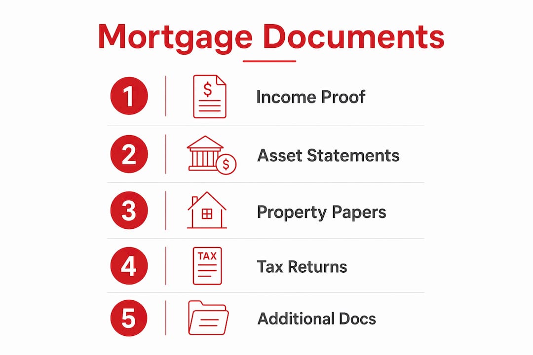 Infographic showing the key documents needed for a mortgage application, including income proof, asset statements, property papers, tax returns, and additional documents.