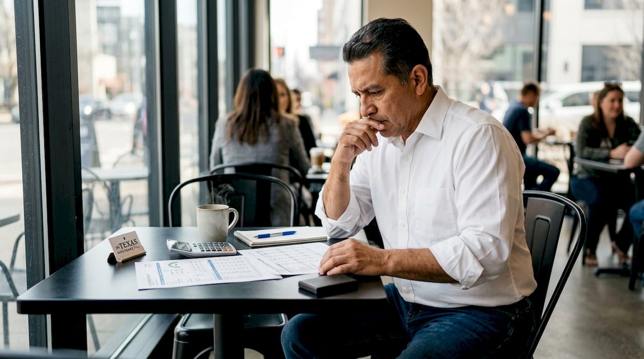 Homebuyer reviewing credit score and financial documents for mortgage loan qualification.
