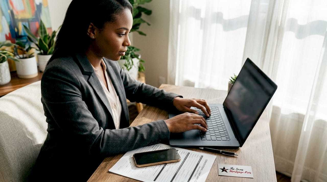 Mortgage professional reviewing loan requirements while completing an application on a laptop.