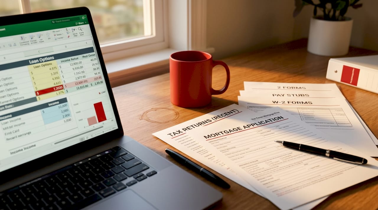 Mortgage application documents including tax returns, W-2 forms, pay stubs, and a loan application alongside a laptop displaying loan calculations.