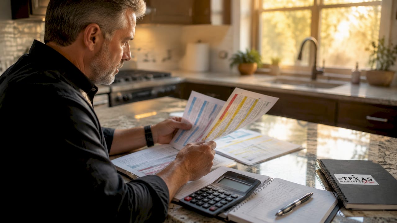 Homeowner reviewing mortgage documents, monthly costs, and loan estimates while exploring mortgage broker services.