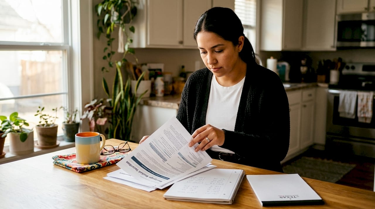 Homeowner reviewing mortgage documents and interest rate information at the kitchen table.