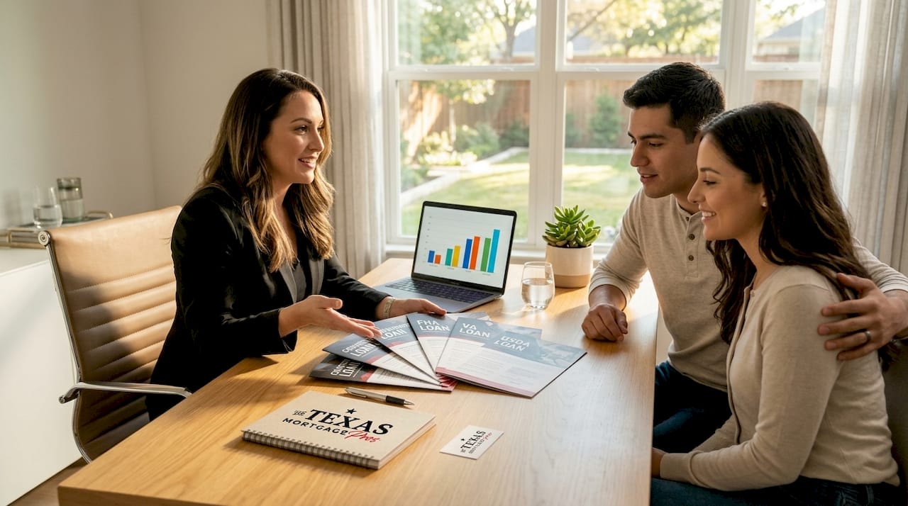 Mortgage loan specialist explaining FHA, VA, USDA, and conventional mortgage loan programs to a couple during a home financing consultation.