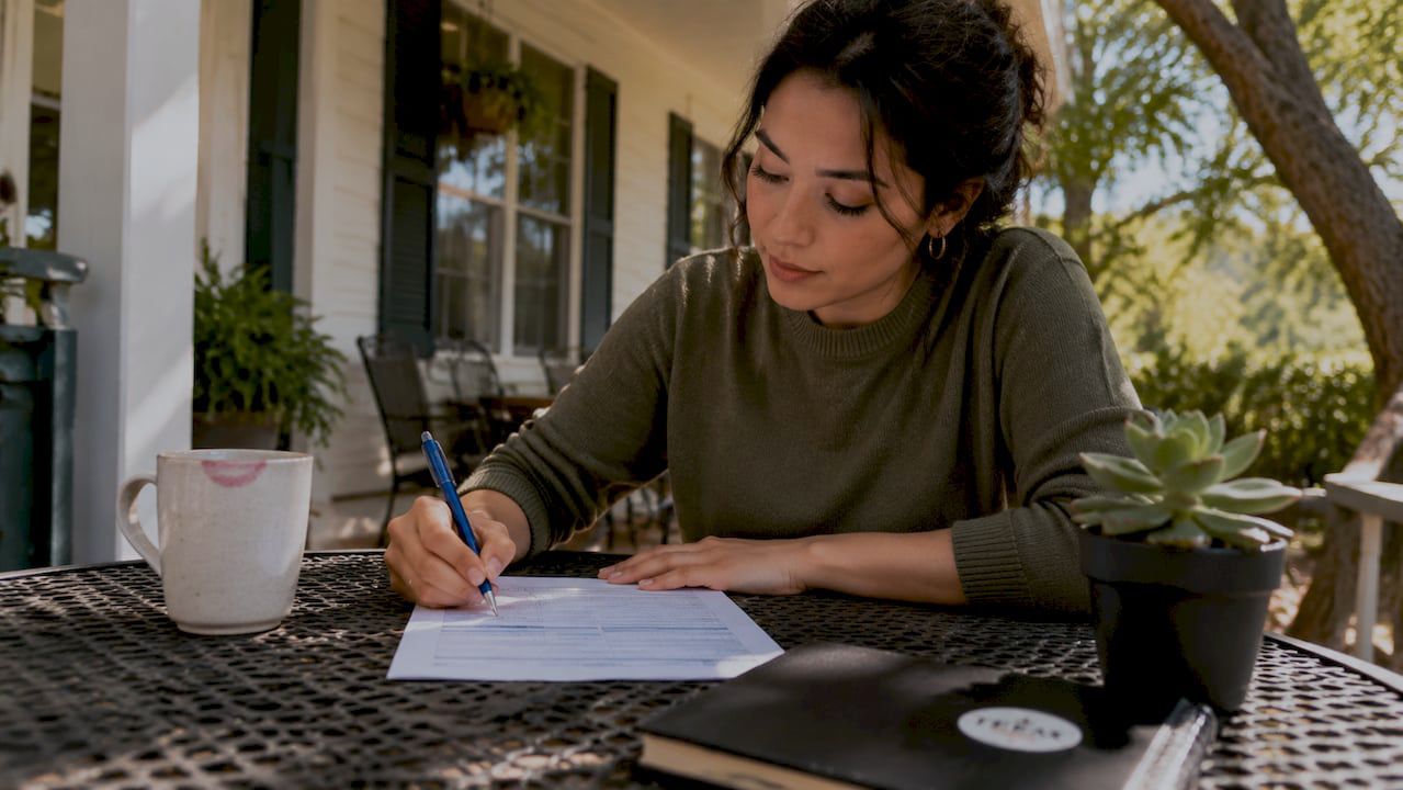 First-time Texas homebuyer reviewing mortgage documents and completing a home loan application while preparing to purchase a home.