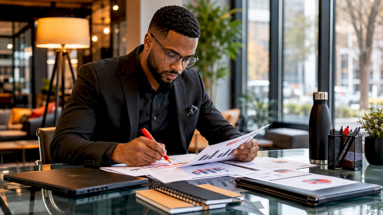 Professional reviewing financial documents for a non-qualified mortgage loan application.