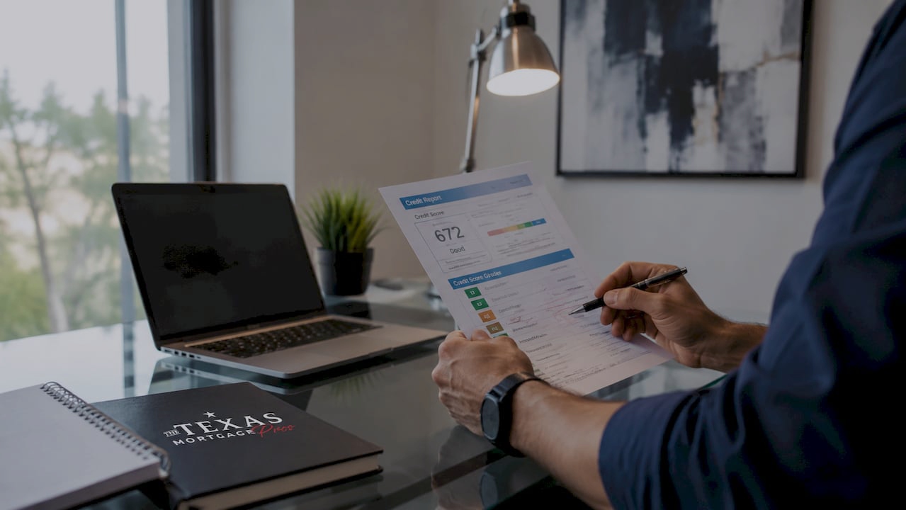 Texas first-time home buyer reviewing credit and mortgage information with a lender while preparing for the home loan approval process.