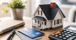 House model with calculator and credit cards illustrating ways to improve your credit score before applying for a mortgage.