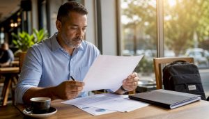 Investor reviewing LLC mortgage paperwork at home desk