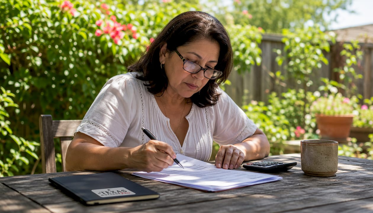 Woman reviewing mortgage refinance documents at home desk