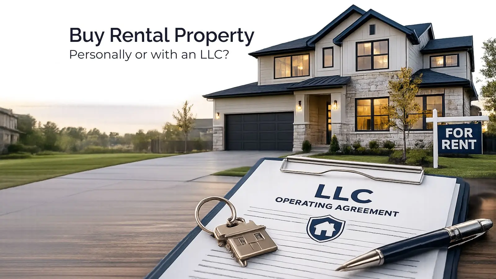 Modern rental home with LLC operating agreement and house keys, representing real estate investment financing.