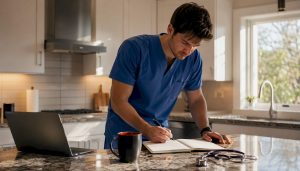 Doctor preparing mortgage application at home