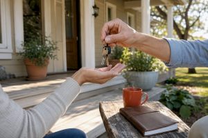 Hands exchanging house keys at Texas home