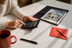 Calculator beside Texas mortgage tax documents